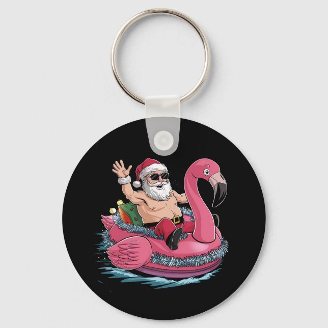 Santa Flamingo Floatie Christmas In July Summer Key Ring (Front)