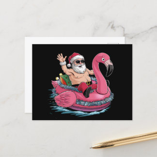 Santa Flamingo Floatie Christmas In July Summer Postcard
