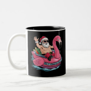 Santa Flamingo Floatie Christmas In July Summer Two-Tone Coffee Mug