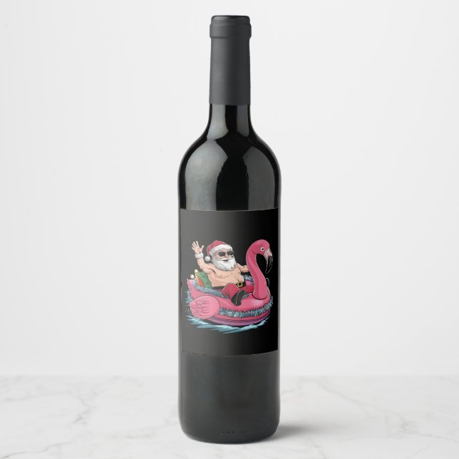 Santa Flamingo Floatie Christmas In July Summer Wine Label (Front)