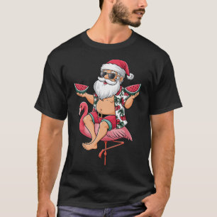 Santa Flamingo Floatie Christmas In July Watermelo T-Shirt