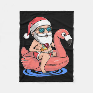 Santa Flamingo Floatie Funny Christmas In July Sum Fleece Blanket