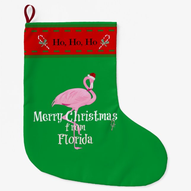 Santa Flamingo, "Merry Christmas from Florida" Large Christmas Stocking (Front)