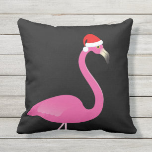 Santa Flamingo on Black Outdoor Pillow