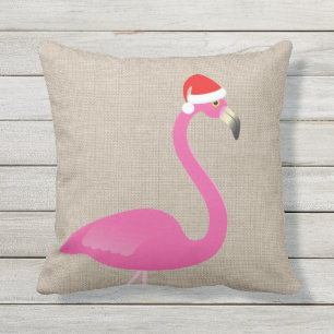 Santa Flamingo on Burlap Linen Outdoor Pillow