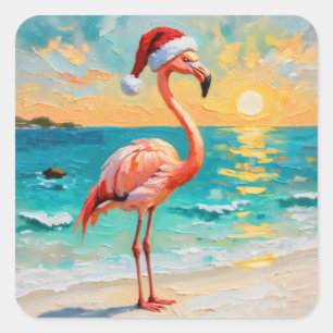 Santa Flamingo on the Beach Square Sticker
