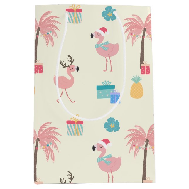 Santa Flamingo Pattern Fun Pink Tropical Christmas Medium Gift Bag (Front)