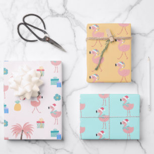 Santa Flamingo Pattern Fun Pink Tropical Christmas Wrapping Paper Sheet