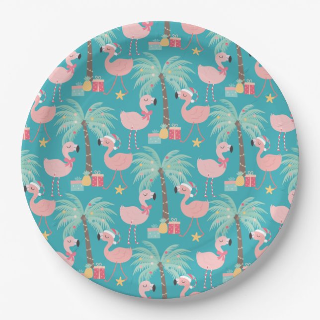 Santa Flamingo's - Fun Aqua Tropical Christmas Paper Plate (Front)