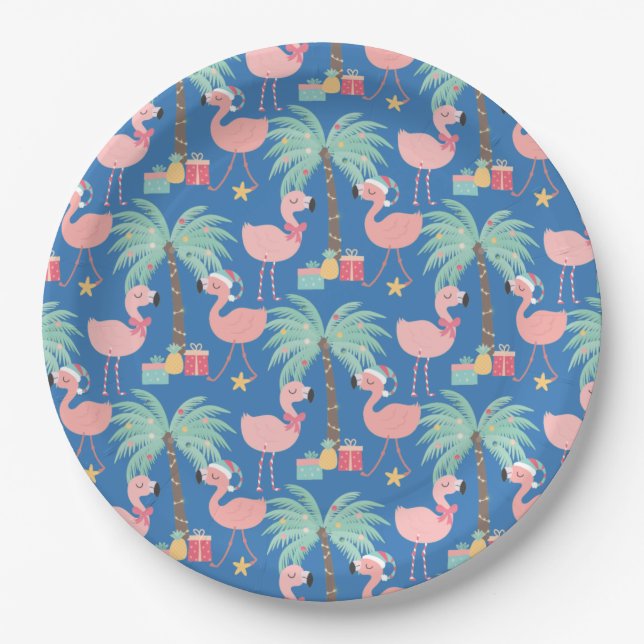 Santa Flamingo's - Fun Blue Tropical Christmas Paper Plate (Front)