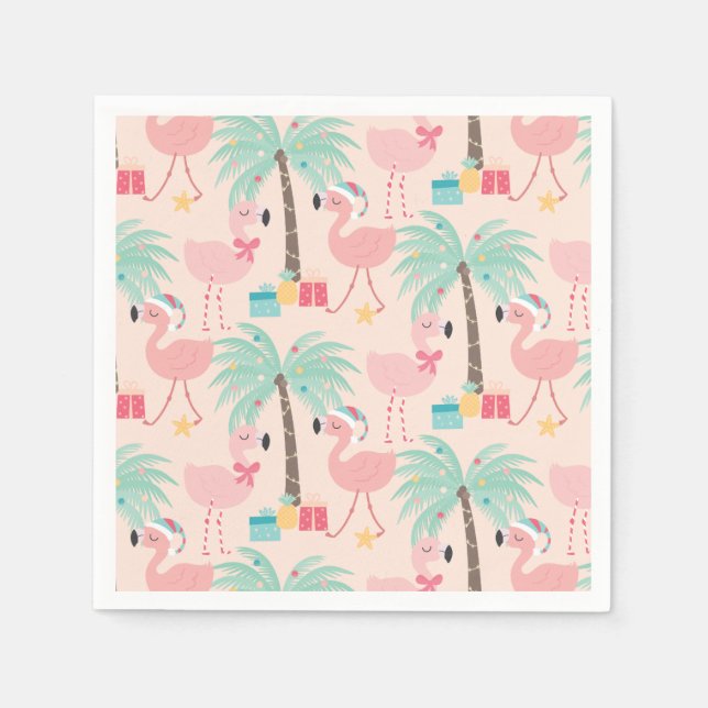 Santa Flamingo's - Fun Pink Tropical Christmas Napkin (Front)