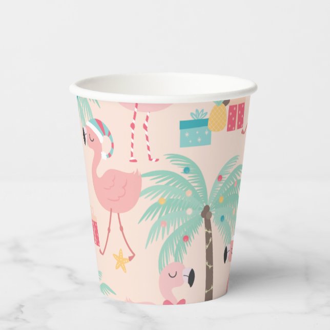 Santa Flamingo's - Fun Pink Tropical Christmas  Paper Cups (Front)