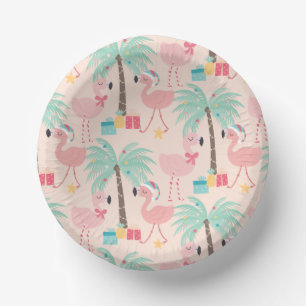 Santa Flamingo's - Fun Pink Tropical Christmas Paper Plate