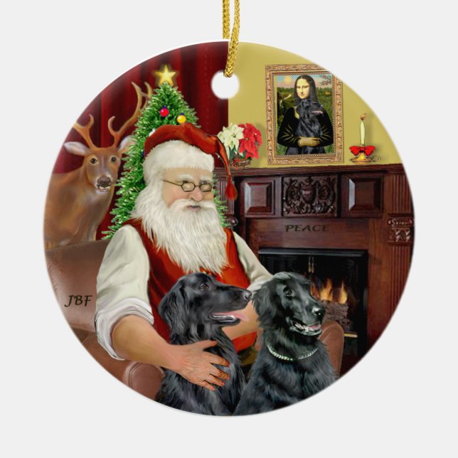 Santa - Flat Coated Retriever Ceramic Tree Decoration (Front)