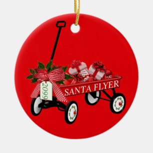 Santa Flyer Toy Red Wagon with Year Christmas Ceramic Ornament