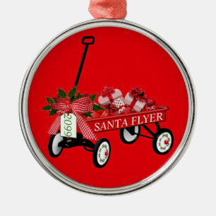 Santa Flyer Toy Red Wagon with Year Christmas Metal Ornament