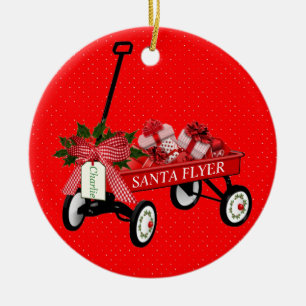 Santa Flyer Toy Wagon Name Porcelain Christmas Ceramic Ornament