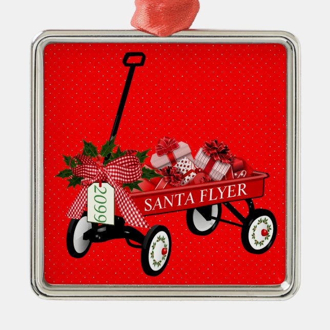 Santa Flyer Toy Wagon Year Presents Christmas Metal Ornament (Front)
