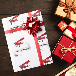 Santa Flying Aeroplane,First Christmas Personalise Wrapping Paper