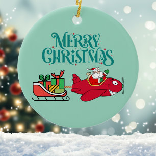 Santa Flying Aeroplane, Sleigh & presents,Christma Ceramic Ornament