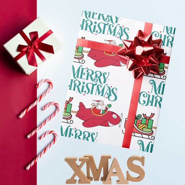 Santa Flying Aeroplane, Sleigh & presents,Christma Wrapping Paper (Creator Uploaded)