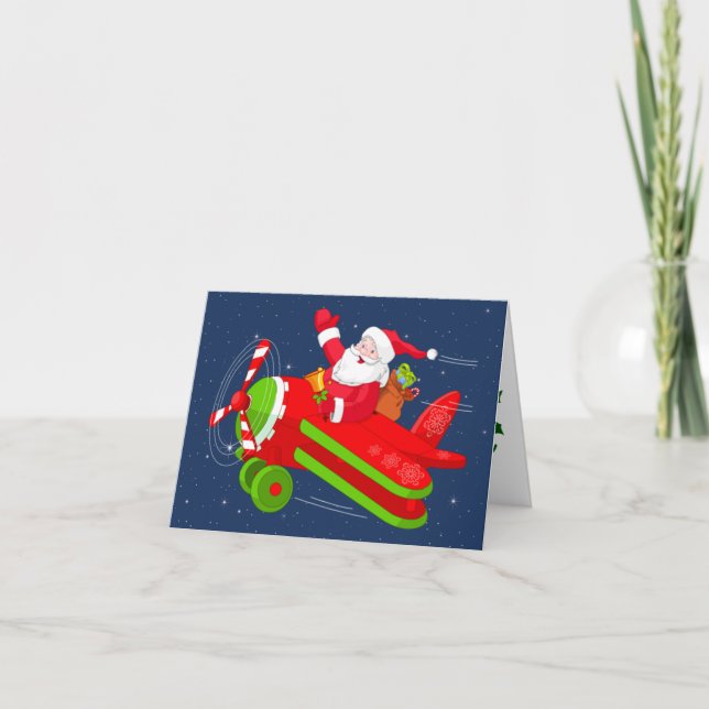 Santa Flying Airplane Merry Christmas Card (Front)