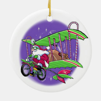 Santa flying bicycle ceramic ornament