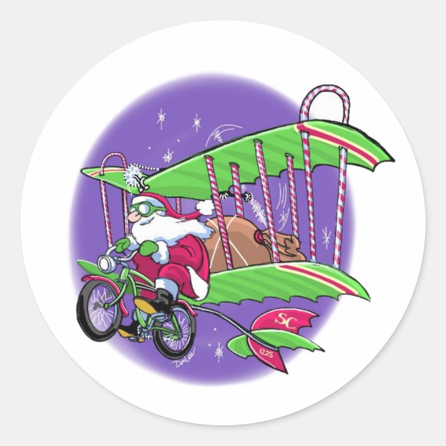 Santa flying bicycle classic round sticker (Front)