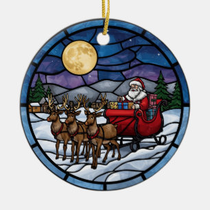 Santa Flying Over Snowy Village Ceramic Ornament