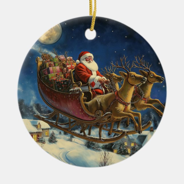 Santa Flying Over Snowy Village Christmas Ornament (Front)