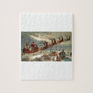 Santa Flys Over Roof Tops Jigsaw Puzzle
