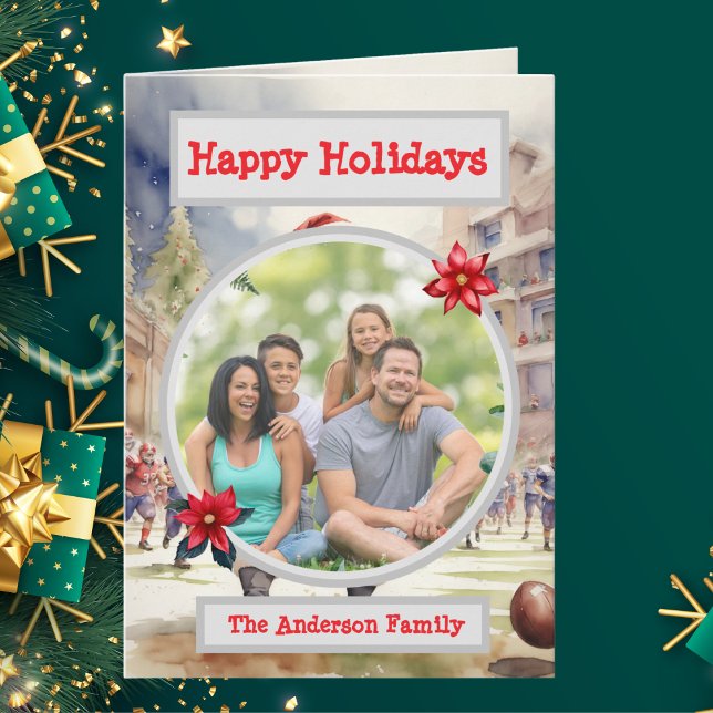 Santa Football Family Photo Holiday Greeting  Card (Creator Uploaded)