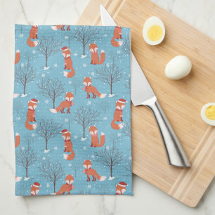 Santa Fox and Winter Trees  Tea Towel