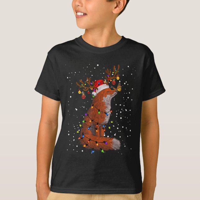 Santa Fox Tangled Up In Christmas Tree Lights Foxe T-Shirt (Front)