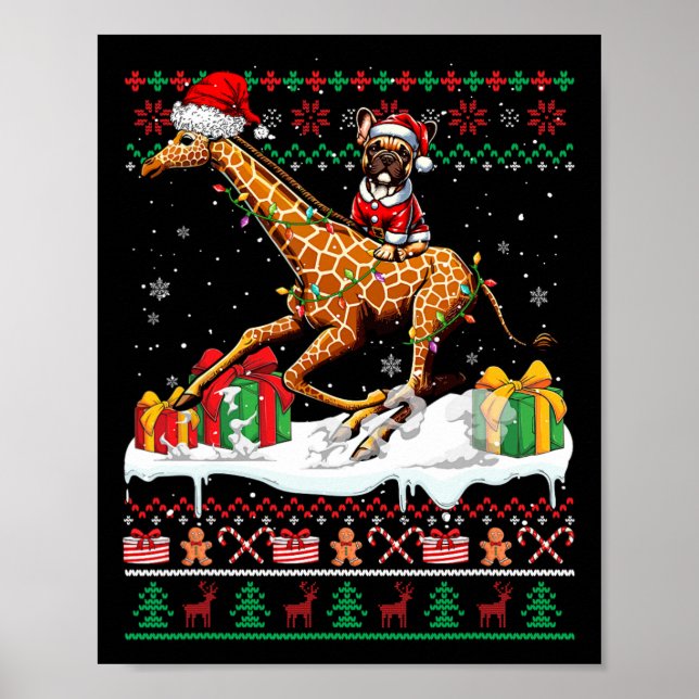 Santa French Bulldog Riding Giraffe Christmas Swea Poster (Front)