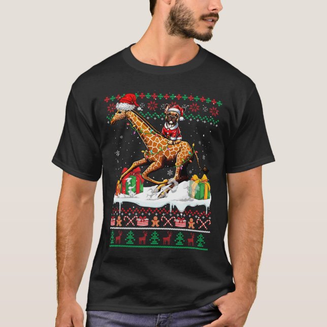 Santa French Bulldog Riding Giraffe Christmas Swea T-Shirt (Front)