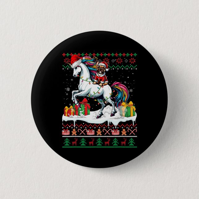 Santa French Bulldog Riding Unicorn Christmas Swea 6 Cm Round Badge (Front)