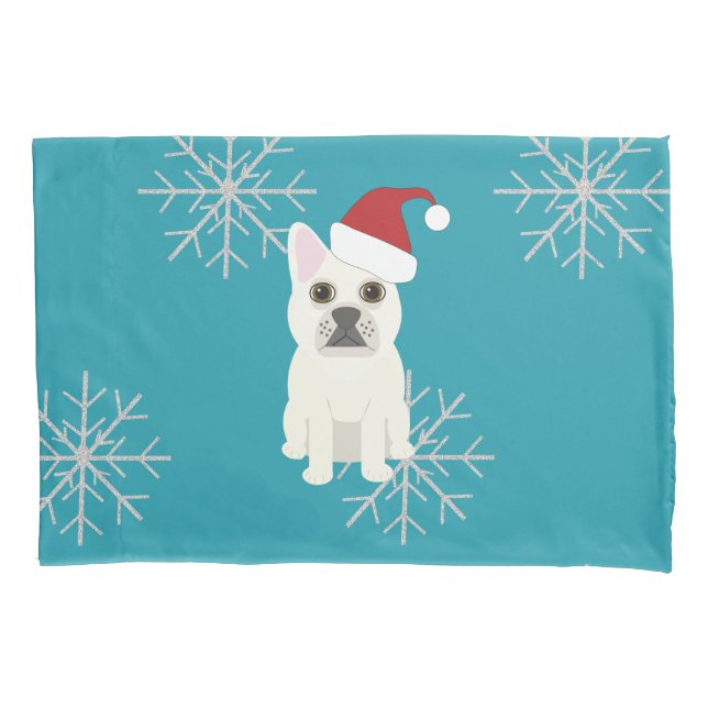Santa Frenchie, Snowflakes Blue Pillowcase (Front)
