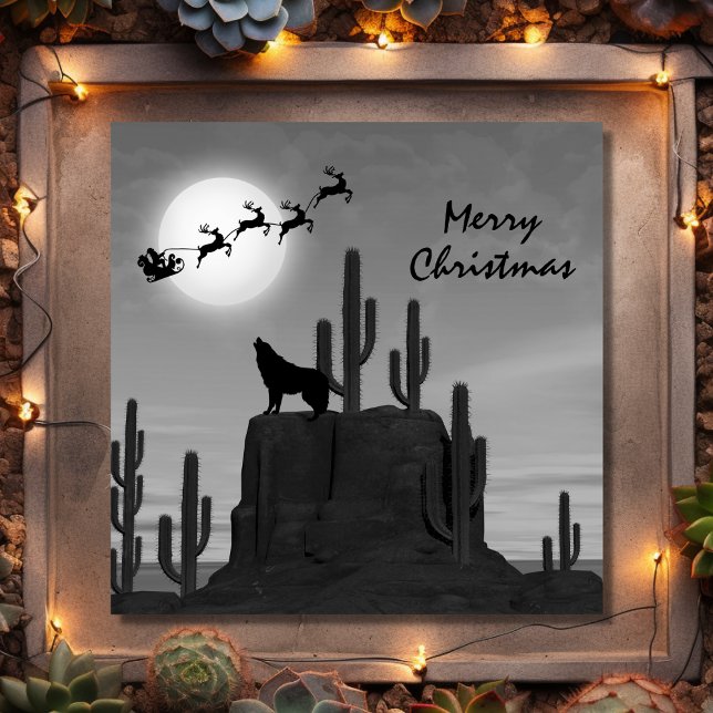 Santa Full Moon Wolf Desert Southwestern Christmas Holiday Card (Front - Santa Full Moon Wolf Desert Southwestern Christmas Holiday Card)