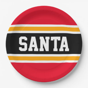 SANTA Fun Bright Red Black Yellow Festive Stripes Paper Plate