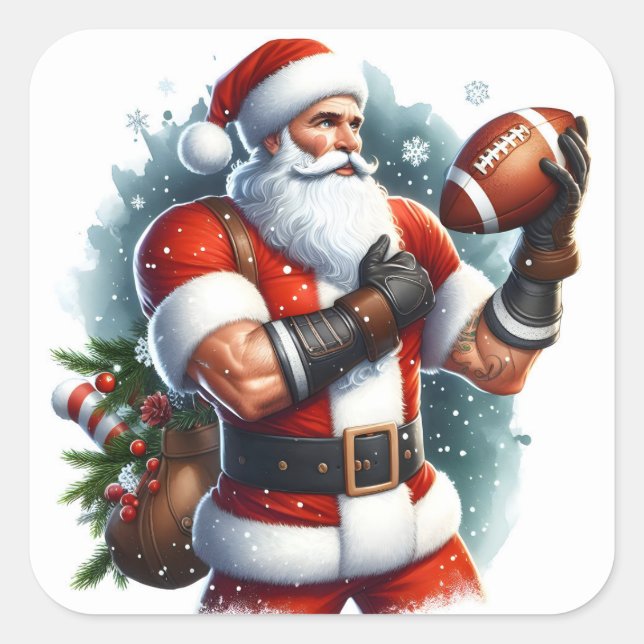 Santa Gears Up for Winter Football Square Sticker (Front)