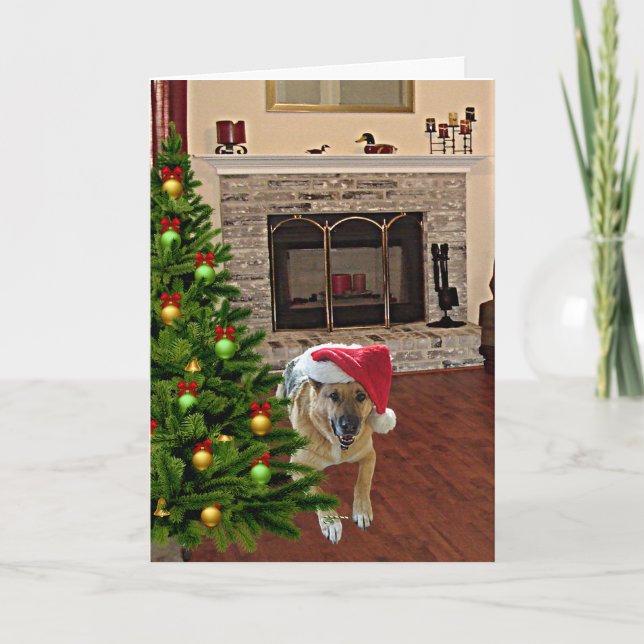 Santa German Shepherd Dog by Christmas Tree, ZKA Holiday Card (Front)