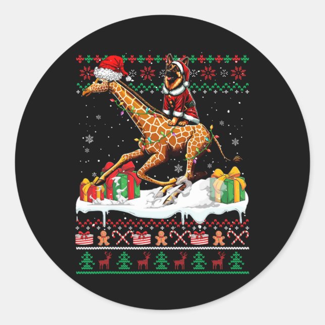 Santa German Shepherd Riding Giraffe Christmas Swe Classic Round Sticker (Front)