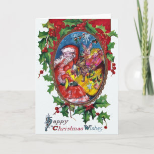 SANTA,GIFT SACK,TOYS HOLLYBERRY CHRISTMAS CROWN HOLIDAY CARD