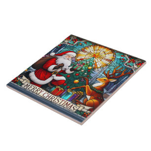 Santa gifts joy to a reindeer by a Christmas tree Ceramic Tile