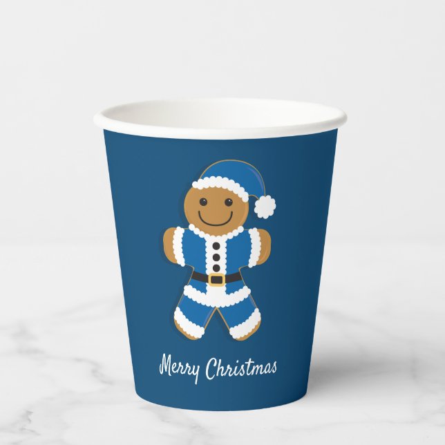Santa Gingerbread Man Blue Christmas Paper Cups (Front)