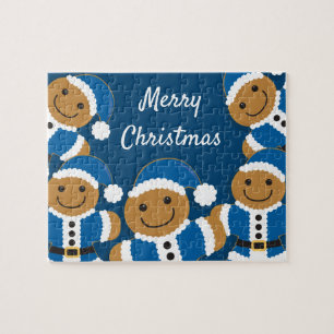 Santa Gingerbread Men Cookie Blue Christmas Jigsaw Puzzle