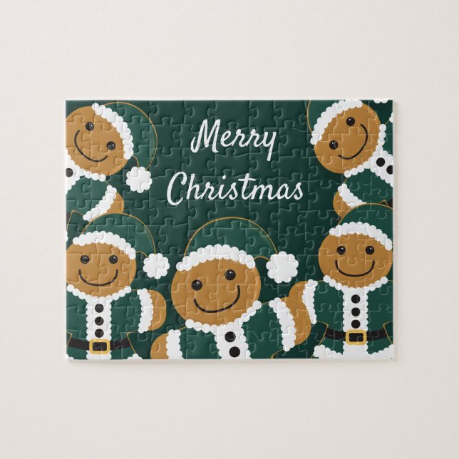 Santa Gingerbread Men Cookie Green Christmas Jigsaw Puzzle (Horizontal)