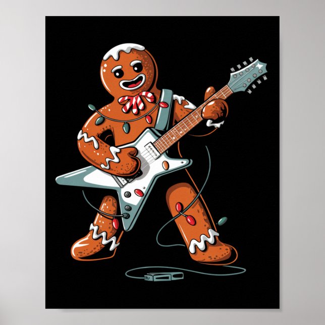 Santa Gingerbread Playing Guitar Funny Christmas P Poster (Front)