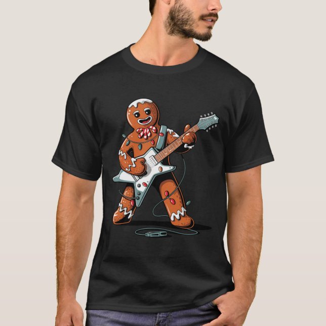 Santa Gingerbread Playing Guitar Funny Christmas P T-Shirt (Front)